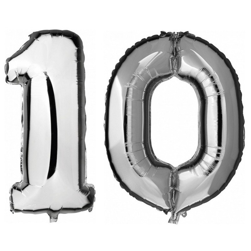 10 jaar zilveren folie ballonnen 88 cm leeftijd-cijfer