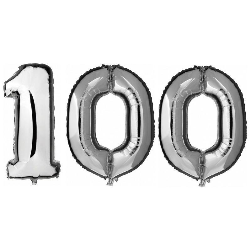 100 jaar zilveren folie ballonnen 88 cm leeftijd-cijfer