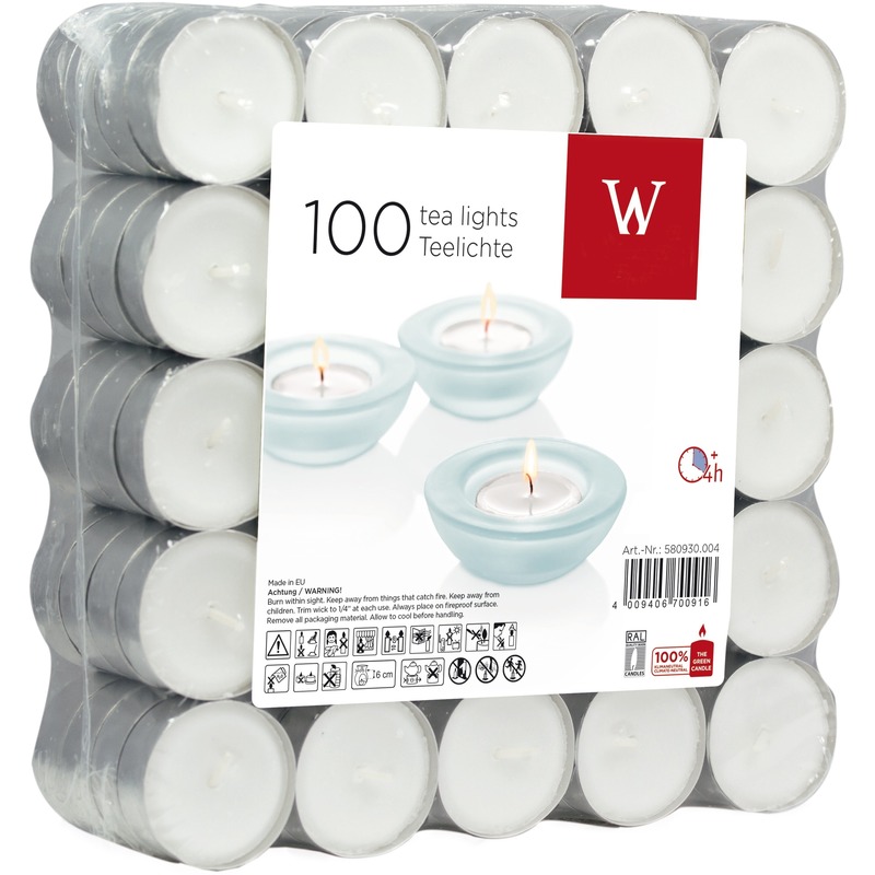 100x Witte theelichtjes/waxinelichtjes 4 branduren