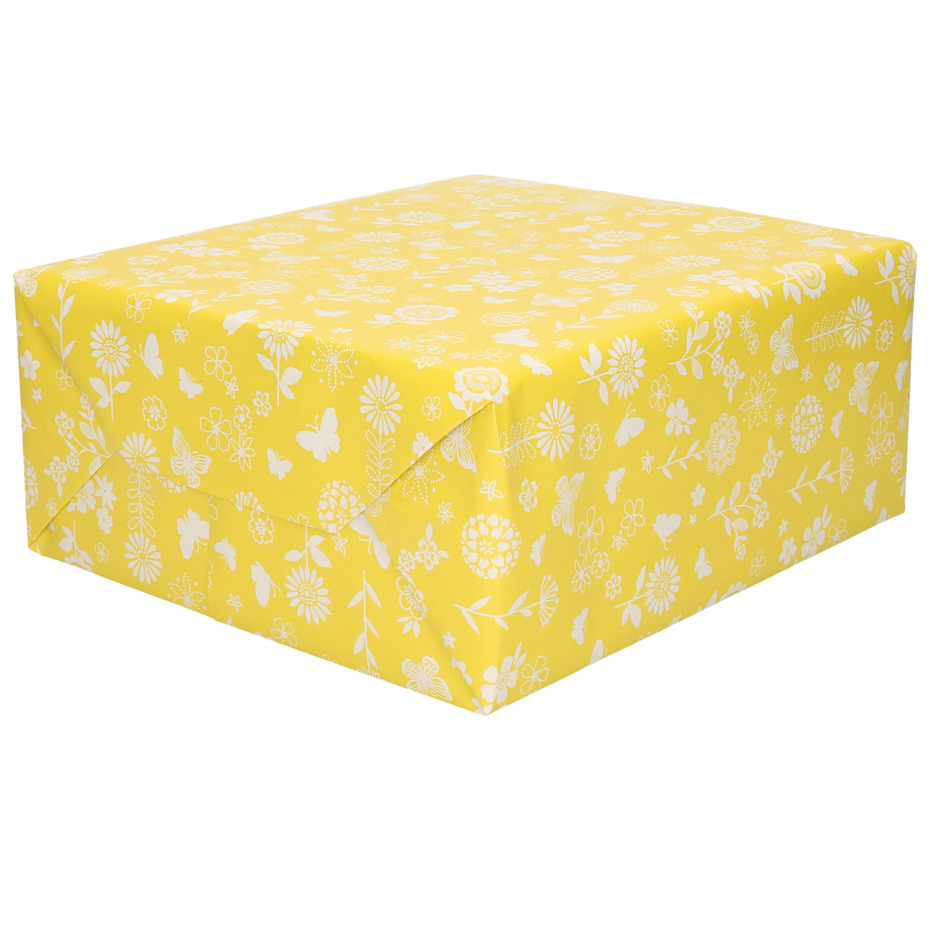 1x Rollen Inpakpapier-cadeaupapier geel met witte bloemen en vlinders 200 x 70 cm
