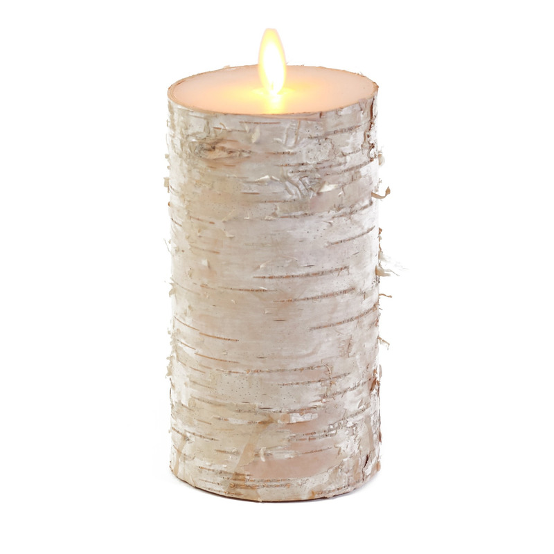 1x Witte berkenhout kleur LED kaarsen-stompkaarsen 15 cm