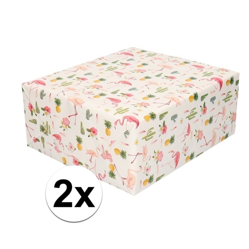 2x Inpakpapier-cadeaupapier roze flamingos 200 x 70 cm