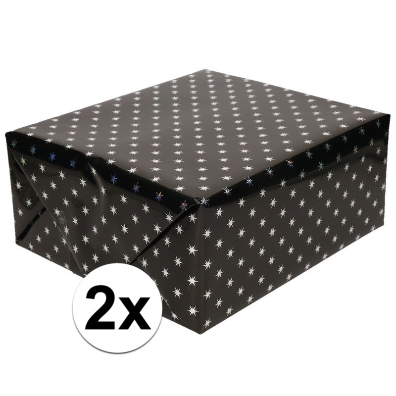 2x Inpakpapier-cadeaupapier zwart sterren 150 x 70 cm rollen