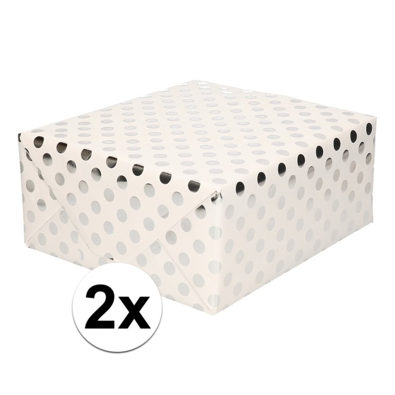 2x Wit folie inpakpapier-cadeaupapier zilveren stip 200 x 70 cm