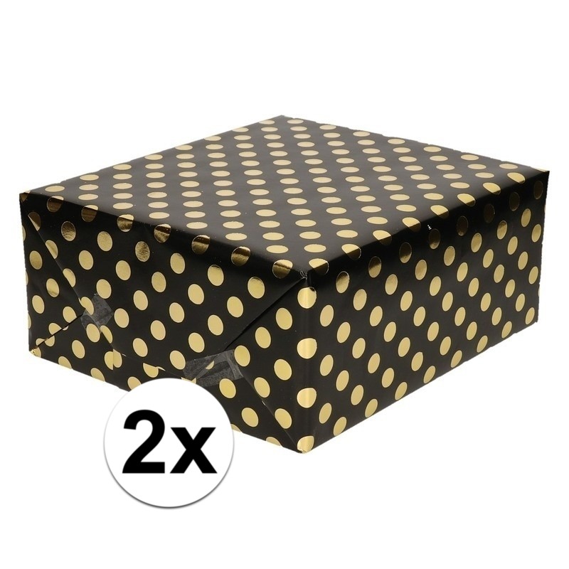 2x Zwart folie inpakpapier-cadeaupapier gouden stip 200 x 70 cm