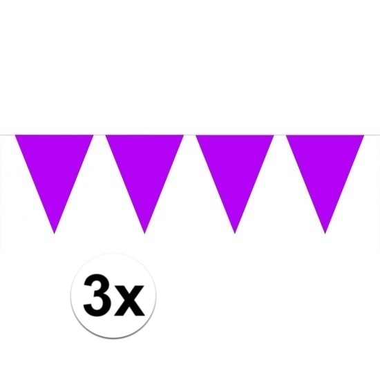 3 stuks paarse slingers met vlaggetjes 10 meter