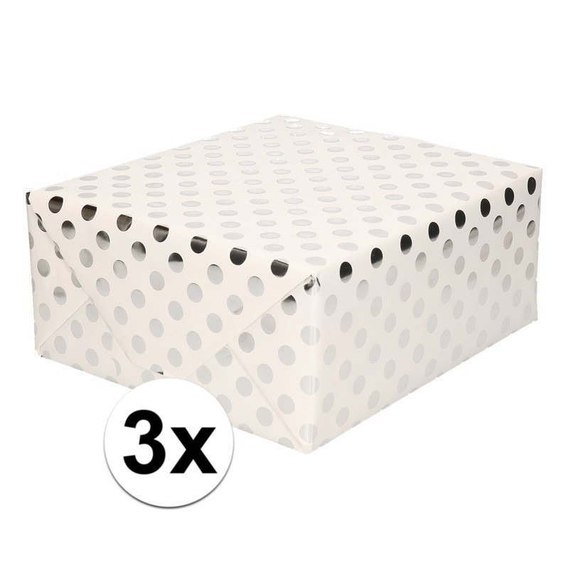 3x Wit folie inpakpapier-cadeaupapier zilveren stip 200 x 70 cm