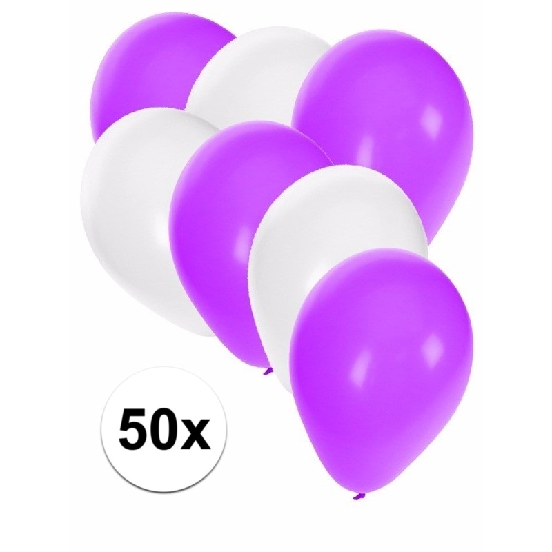 50x ballonnen 27 cm wit-paarse versiering