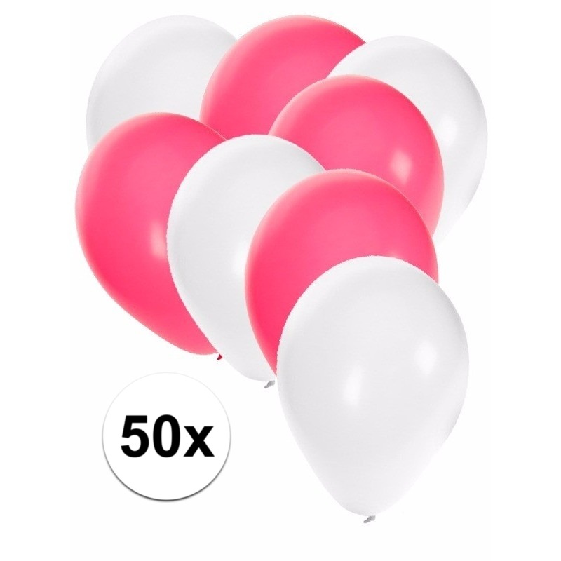50x ballonnen 27 cm wit-roze versiering