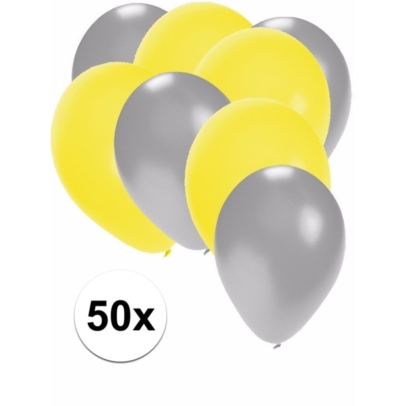 50x ballonnen 27 cm zilver-gele versiering