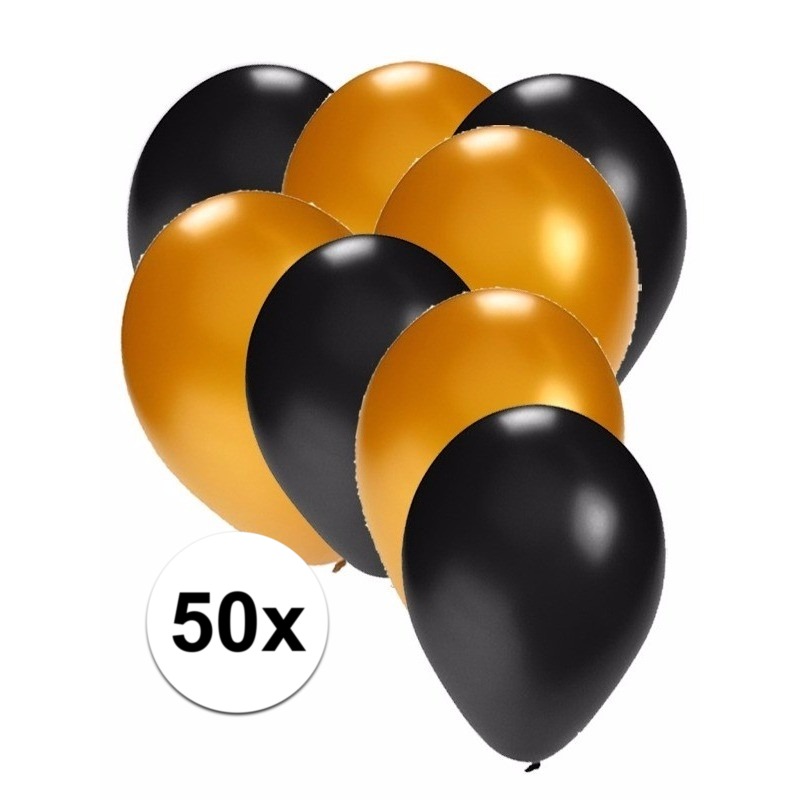 50x ballonnen 27 cm zwart-goud versiering