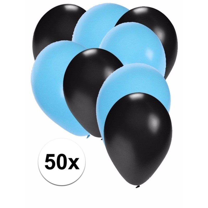 50x ballonnen 27 cm zwart-lichtblauwe versiering