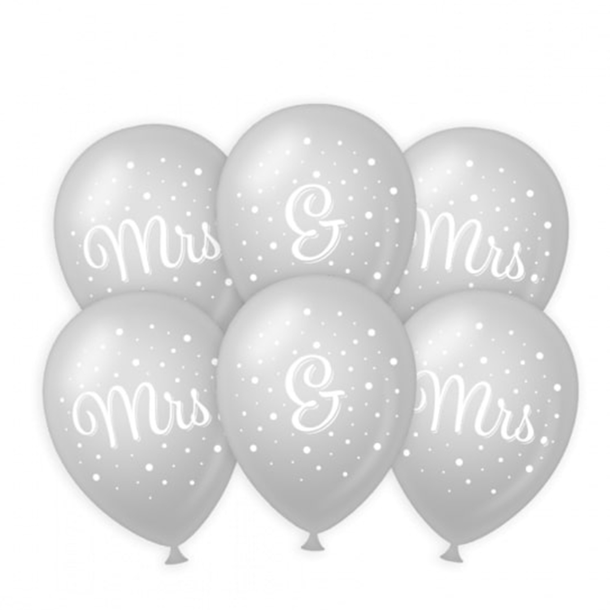 6x stuks Mrs. & Mrs. huwelijks feest ballonnen zilver-wit latex ca 30 cm