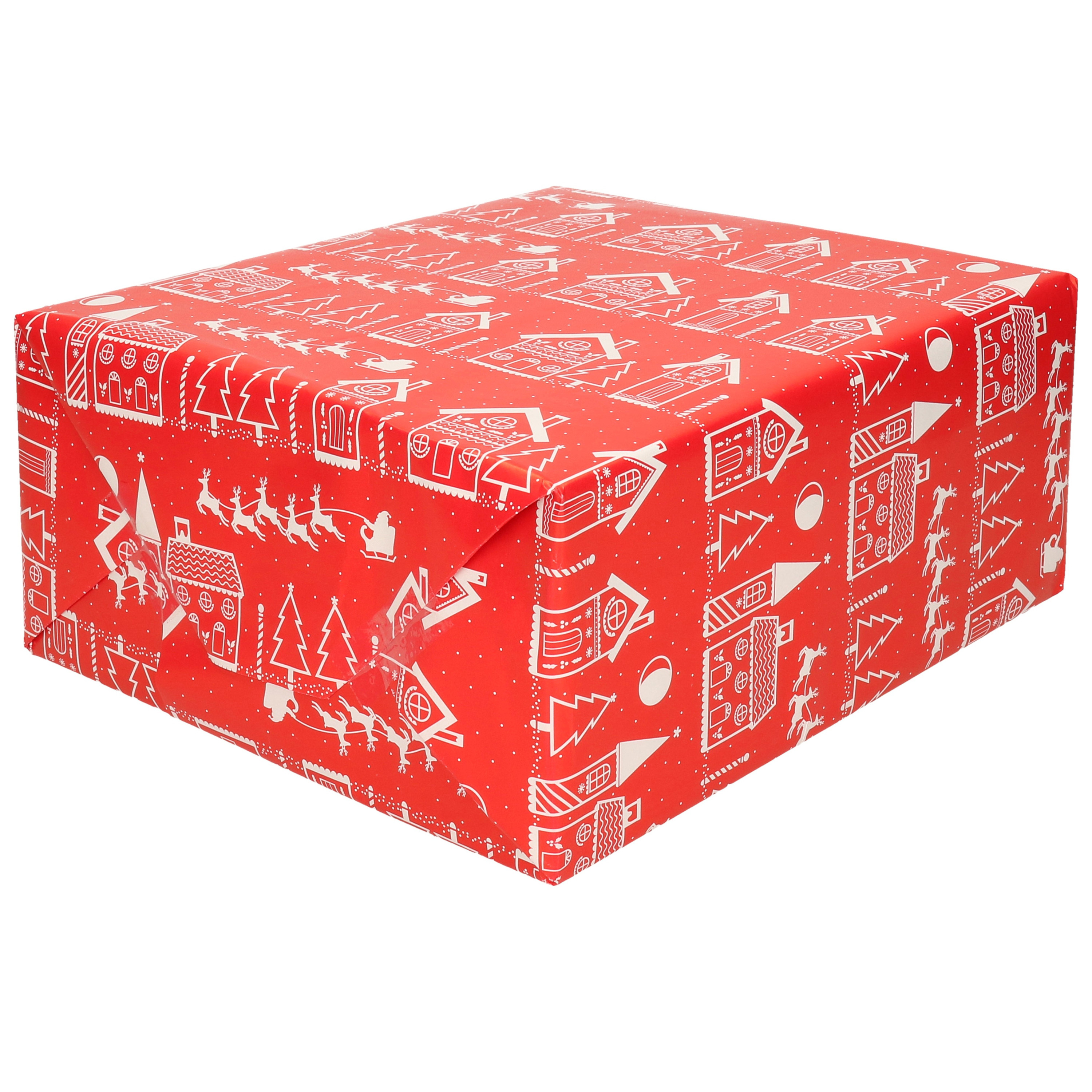 Kerst inpakpapier-cadeaupapier rood met huisjes 200 x 70 cm