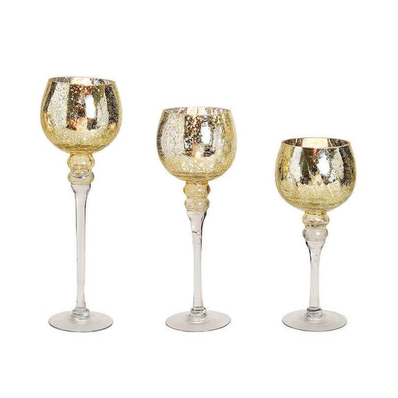 Luxe glazen design kaarsenhouders/windlichten set 3x stuks goud transparant 30-35-40 cm