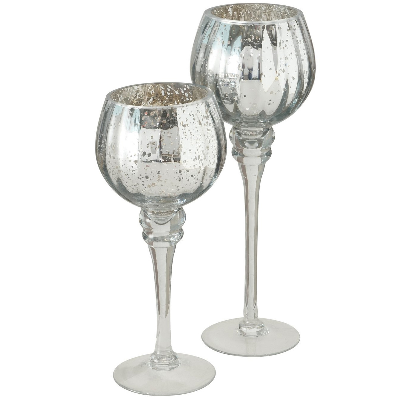 Luxe glazen design kaarsenhouders/windlichten set van 2x stuks metallic zilver 25-30 cm