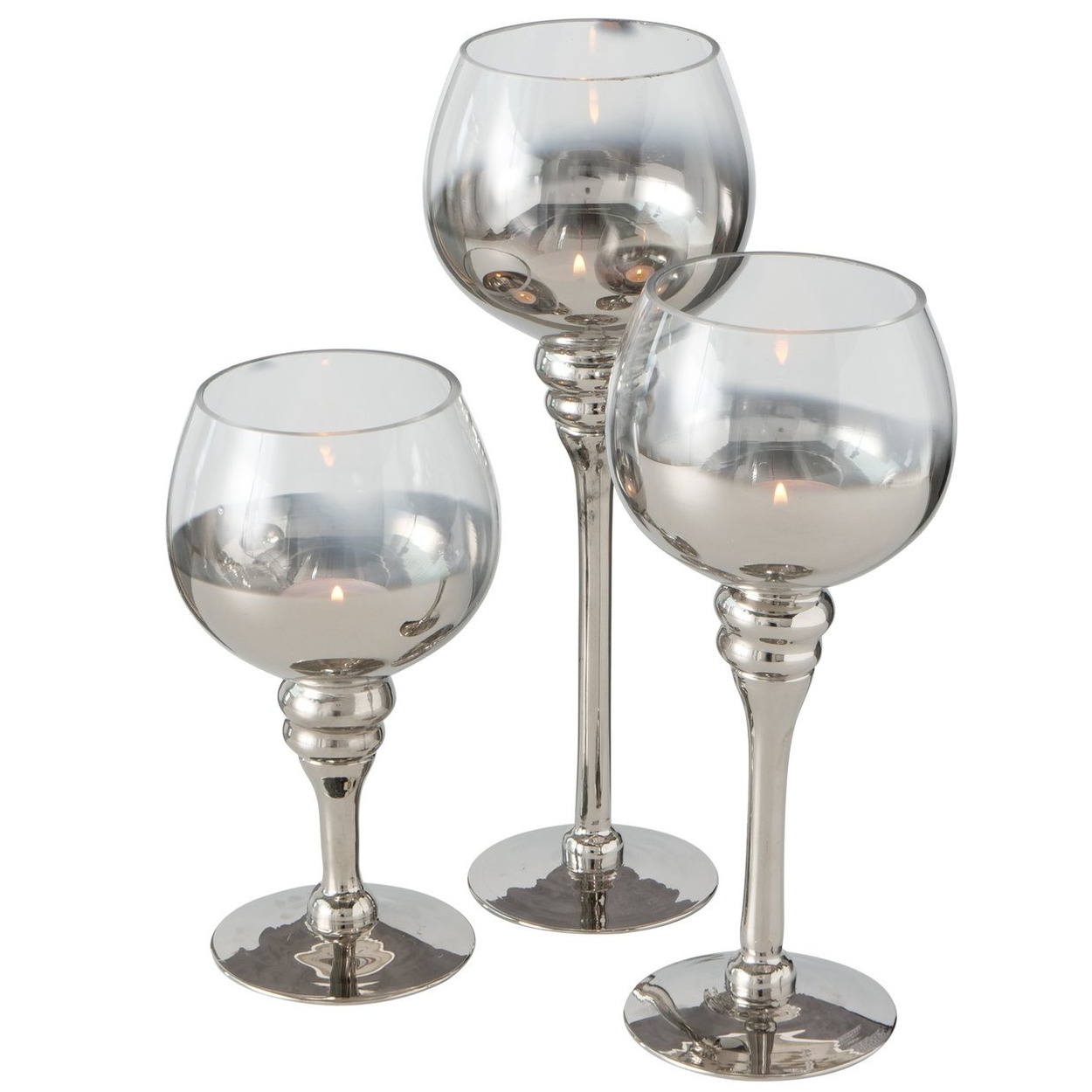 Luxe glazen design kaarsenhouders/windlichten set van 3x stuks metallic zilver/transparant 20-30 cm