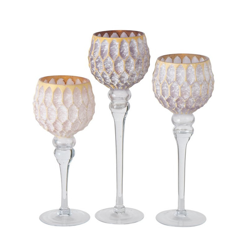 Luxe glazen design kaarsenhouders/windlichten set van 3x stuks taupe/goud 30-40 cm