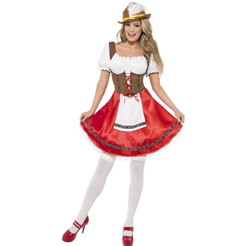 Rode-bruine Tiroler dirndl verkleed kostuum-jurkje voor dames