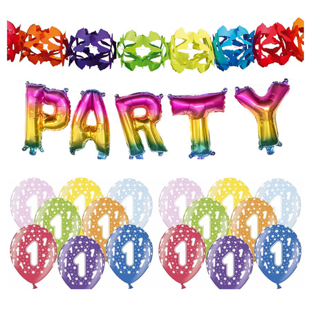 1 jaar feestartikelen pakket slingers/cijfer ballonnen/folie letters