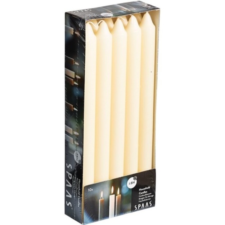 10x Ivory straight dinner candles 24 cm 8 hours