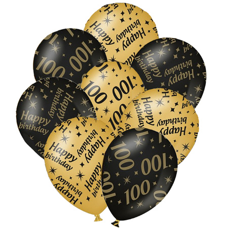 12x stuks leeftijd verjaardag ballonnen 100 jaar en happy birthday zwart/goud