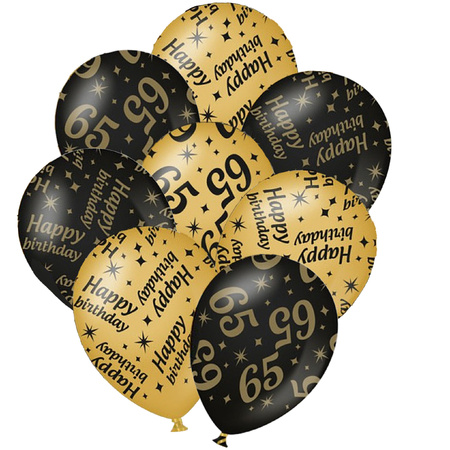 12x birthday party balloons 65 years and happy birthday black/gold