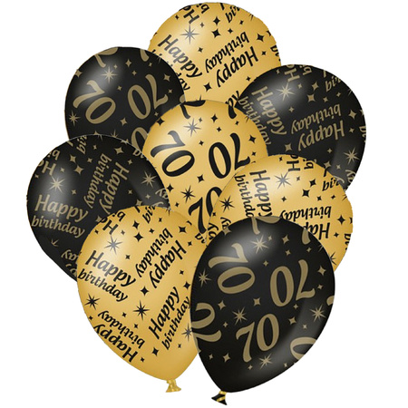 12x stuks leeftijd verjaardag ballonnen 70 jaar en happy birthday zwart/goud
