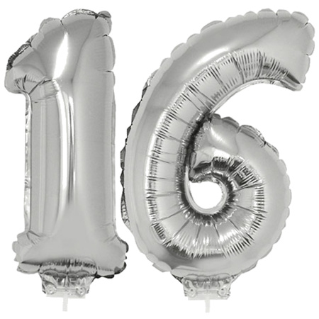 16 jaar leeftijd feestartikelen/versiering cijfer ballonnen op stokje van 41 cm