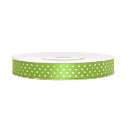 1x Hobby/decoration appel groen satin ribbon with white dots 1.2 cm/12 mm x 25 meters