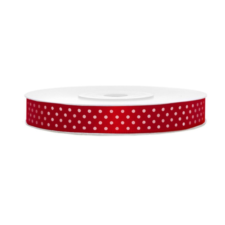 1x Hobby/decoration red satin ribbon with white dots 1.2 cm/12 mm x 25 meters