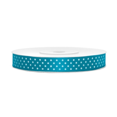 1x Hobby/decoration turquoise satin ribbon with white dots 1.2 cm/12 mm x 25 meters