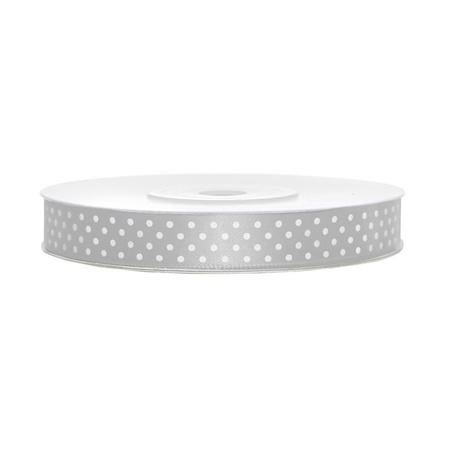 1x Hobby/decoration silver satin ribbon with white dots 1.2 cm/12 mm x 25 meters