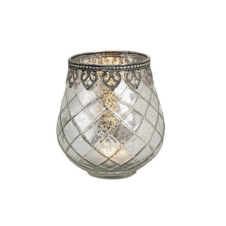 1x Tealight holders lanterns antique silver 14 x 13 cm metal / glass