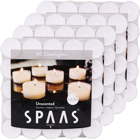 200x Clearlights white tealights candles 4.5 hours resealable