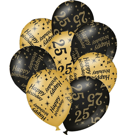 24x birthday party balloons 25 years and happy birthday black/gold