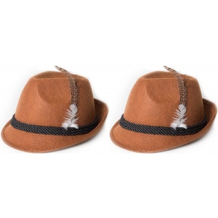 2x Brown Tyrolean hats dress up accessories for adults