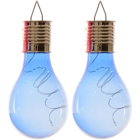 2x Outdoor/garden LED blue pear bulbs solar light 14 cm