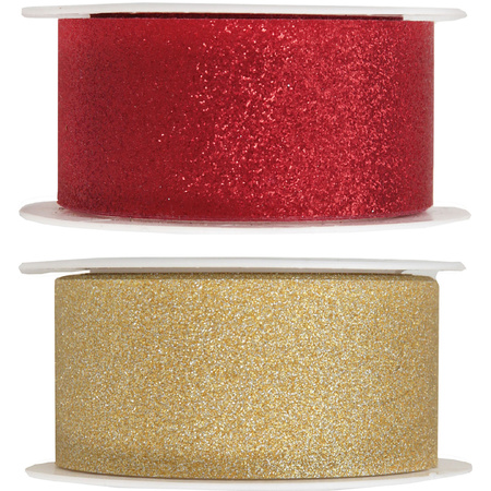 2x Hobby/decoration red and gold ribbons with glitters 3 cm/30 mm x 5 meter