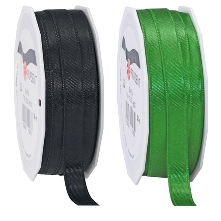 2x rolls satin ribbon black and green - 1 cm x 25m per roll