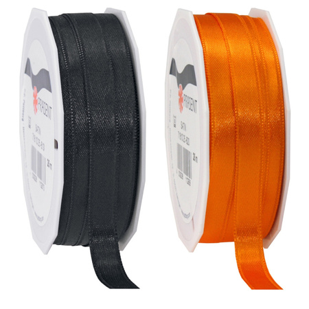 2x rolls satin ribbon black and orange - 1 cm x 25m per roll