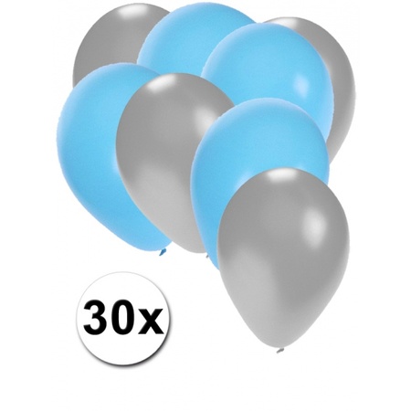 Zilveren en lichtblauwe feestballonnen 30x