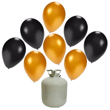30x Helium balloons black/gold 27 cm + helium tank/cilinder