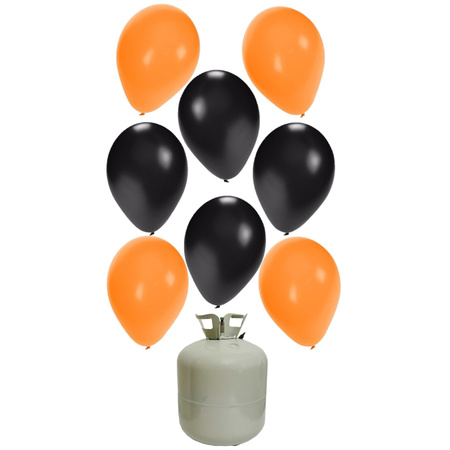 30x Helium ballonnen zwart/oranje 27 cm + helium tank/cilinder