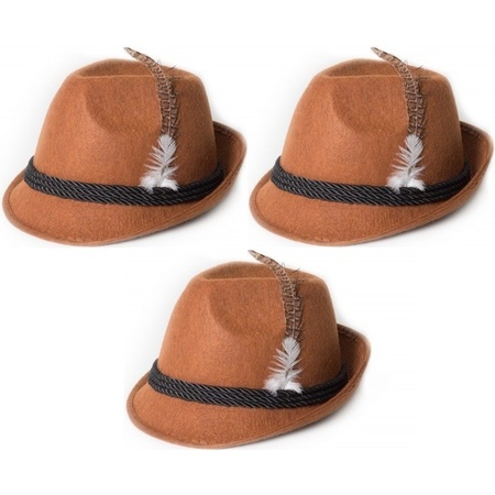 3x Brown Tyrolean hats dress up accessories for adults