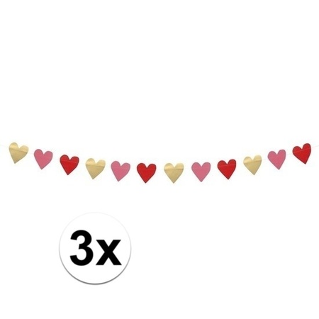 3x Hearts garland red, pink and gold 2 meter