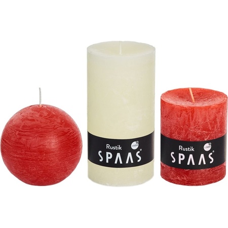 3x Ivory white/red rustic cylinder and ball candles set