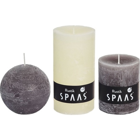 3x Ivory white/taupe rustic cylinder and ball candles set