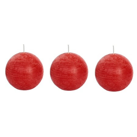 3x Red rustic sphere/ball candle 8 cm 24 hours