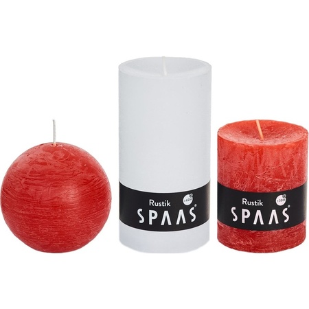 3x White/red rustic cylinder and ball candles set